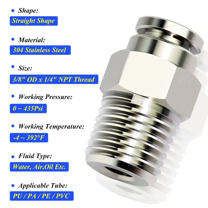 TAILONZ PNEUMATIC 304 Stainless Steel Male Straight 3/8 Inch Tube OD x 1/4 Inch NPT Thread Push to Connect Fittings PC-3/8-N2 (Pack of 2) - Image 3